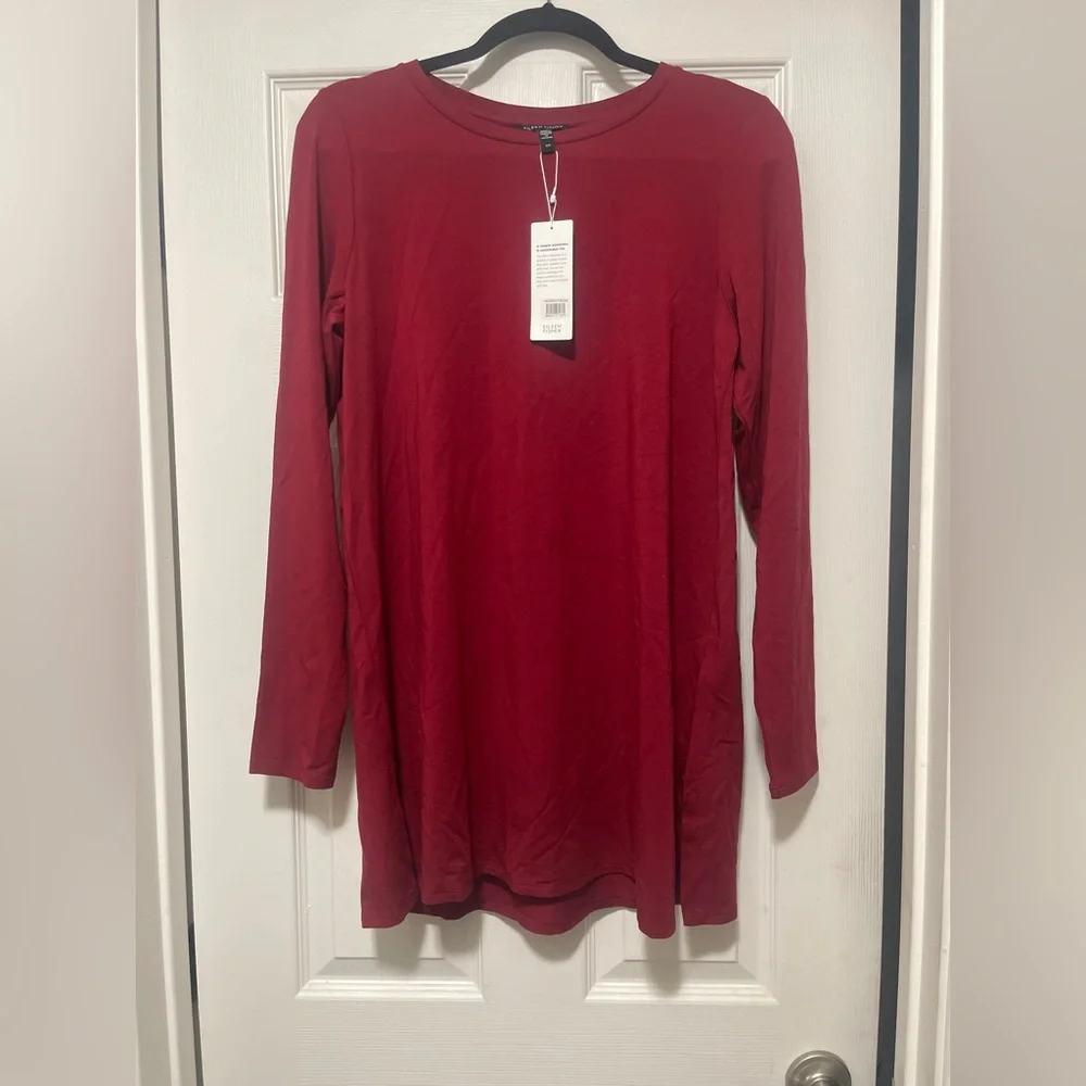 NWT $148 Eileen Fisher Deep Claret Tencel Lyocell Crew Neck Tunic Top Small - Picture 2 of 8